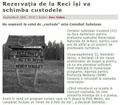 Rezervaţia de la Reci își va schimba custodele